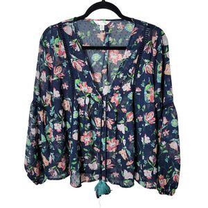 Time and Tru Womens Sz S Blue Floral Long Sleeve Blouse